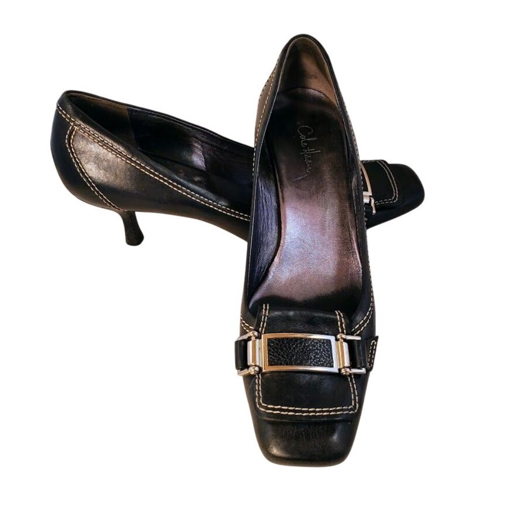Cole Haan Black Leather Kitten Heel Pumps Square Toe Buckle Detail 9AA